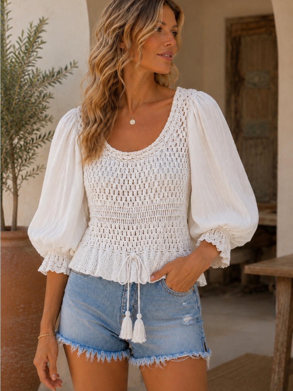 A Loves A White Crochet Boho Puff Sleeve Tie Front Top Size L Cottagecore